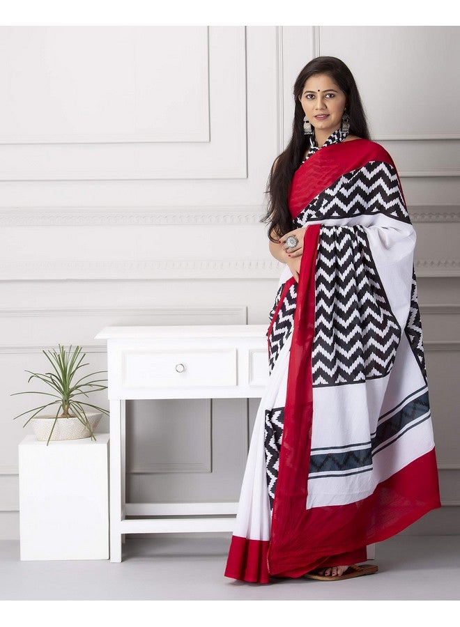Kiaaron Handicrafts Women's Ikat Hand Block Print Jaipuri Cotton Mulmul Saree With Blouse Piece - _Sh_38, White - Image 4