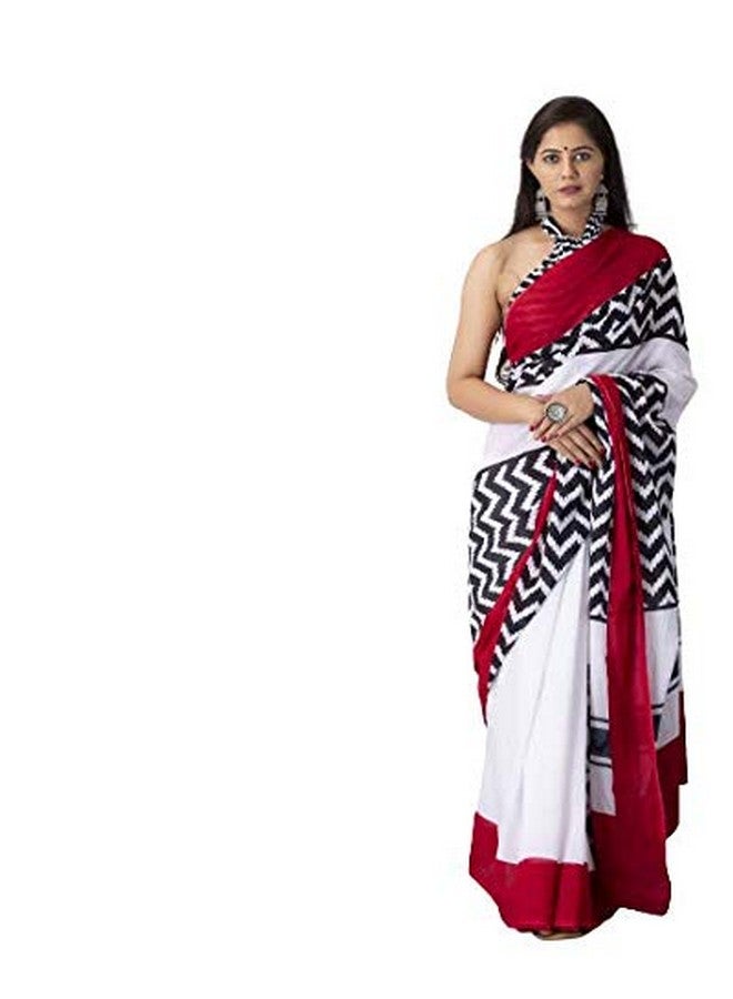 Kiaaron Handicrafts Women's Ikat Hand Block Print Jaipuri Cotton Mulmul Saree With Blouse Piece - _Sh_38, White - Image 1