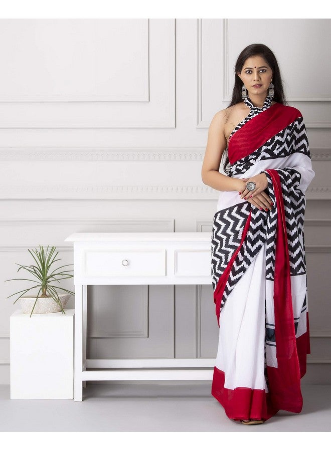 Kiaaron Handicrafts Women's Ikat Hand Block Print Jaipuri Cotton Mulmul Saree With Blouse Piece - _Sh_38, White - Image 2