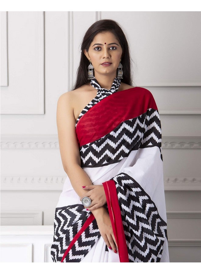 Kiaaron Handicrafts Women's Ikat Hand Block Print Jaipuri Cotton Mulmul Saree With Blouse Piece - _Sh_38, White - Image 5