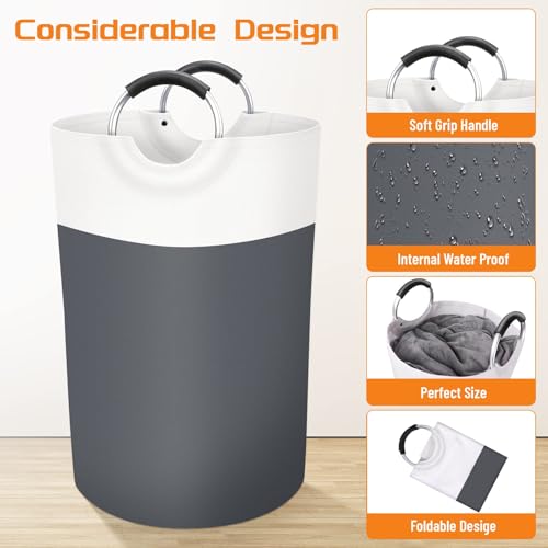 BlissTotes 75L Laundry Basket, Freestanding Laundry Hamper, Collapsible Dirty Clothes Hamper, Waterproof Fabric with Foam Protected Aluminum Handles for College, Dorm, Family (Gray) - Image 3