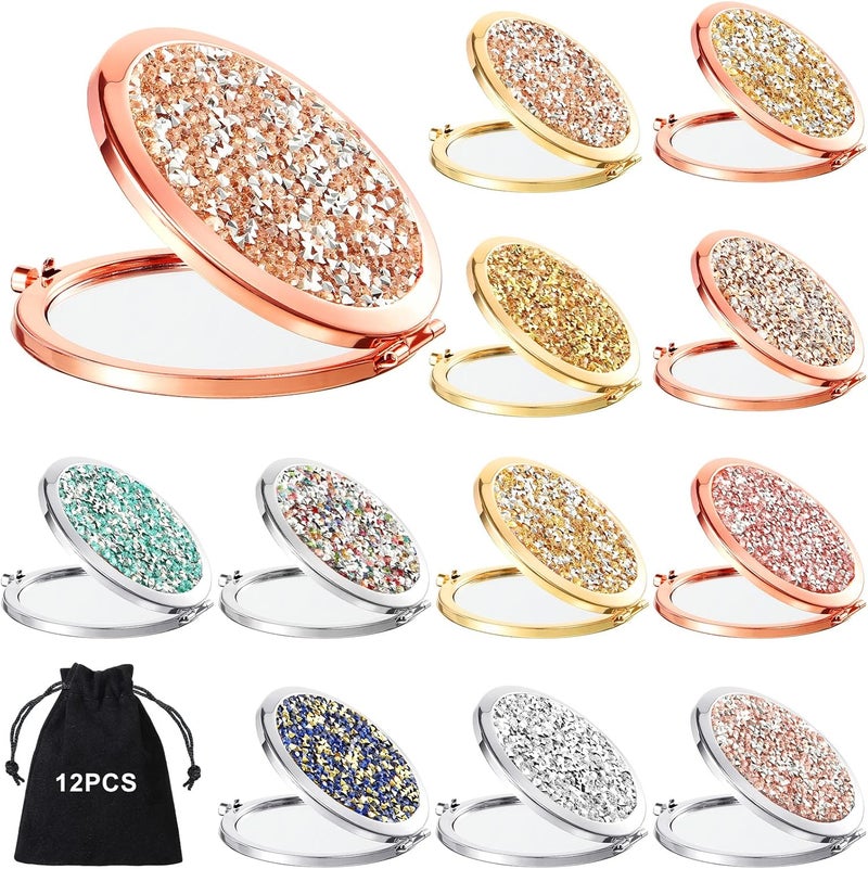 Cindeer 12 Pcs Small Compact Mirror Folding Pocket Makeup Round Hand Held Cosmetic Magnifying Compact Rhinestone Mirror with 1X/2X Magnification for Women Girls Travel (Blended Colors)