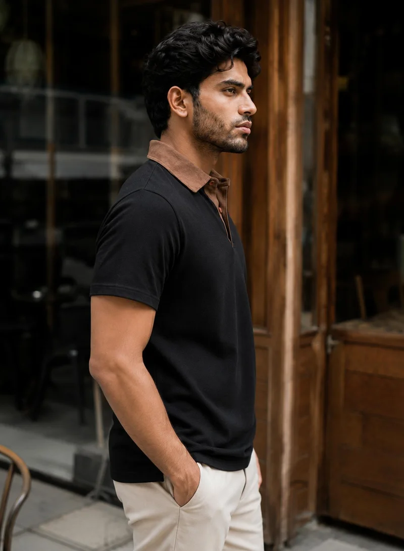 CAHOOT Men's Black Plain/Basic T-Shirt For Casual Wear | Polo Collar | Short Sleeve | Button Closure | Polyester T-Shirt Crafted With Comfort Fit For Everyday Wear (3846)