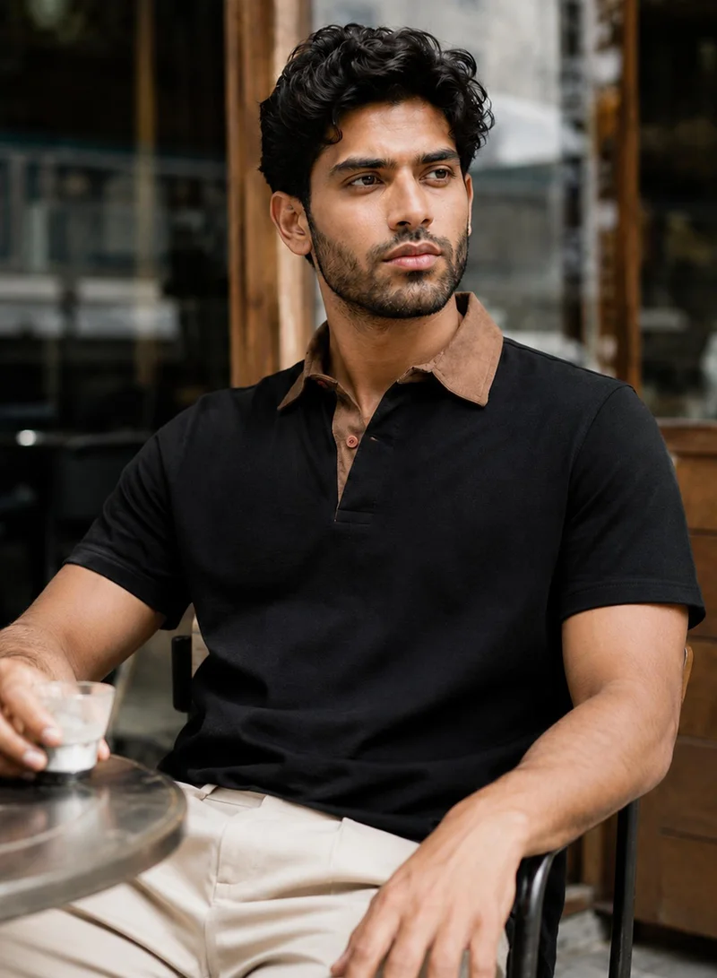 CAHOOT Men's Black Plain/Basic T-Shirt For Casual Wear | Polo Collar | Short Sleeve | Button Closure | Polyester T-Shirt Crafted With Comfort Fit For Everyday Wear (3846)