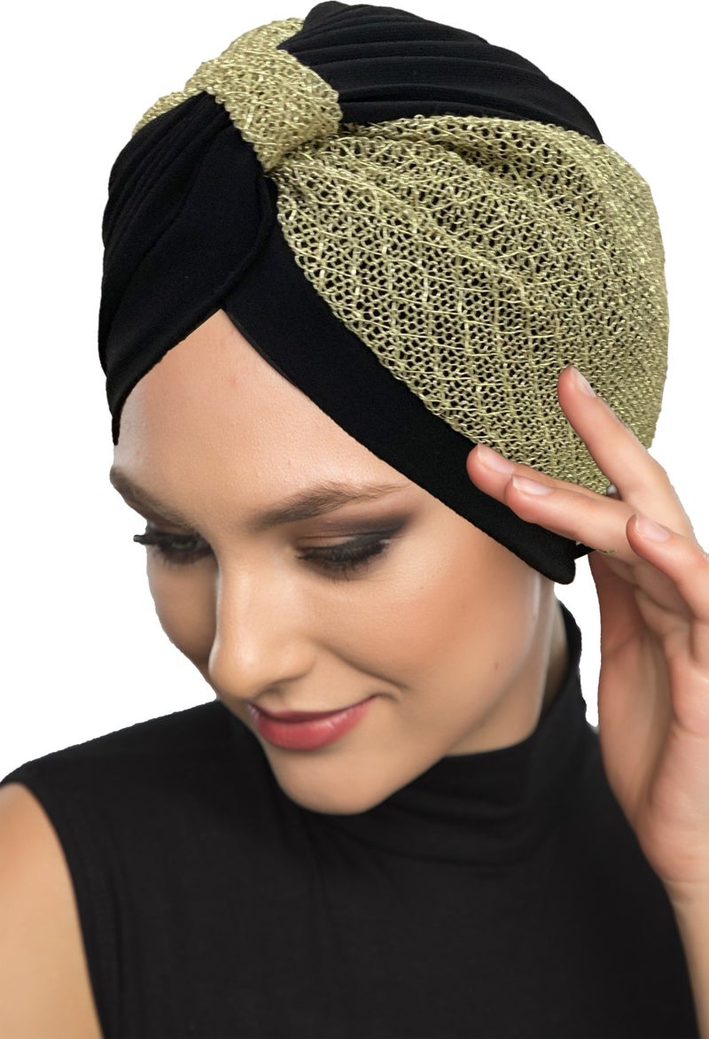 Fidan Bone Special Design Black Over Gold Armored Lined Ready-made Hijab Hijab Evening Dress Bonnet - Image 1