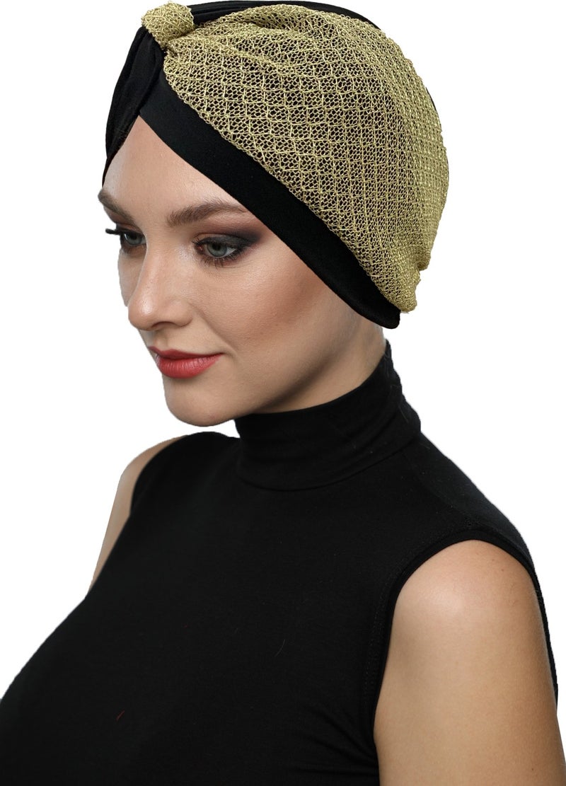 Fidan Bone Special Design Black Over Gold Armored Lined Ready-made Hijab Hijab Evening Dress Bonnet - Image 4