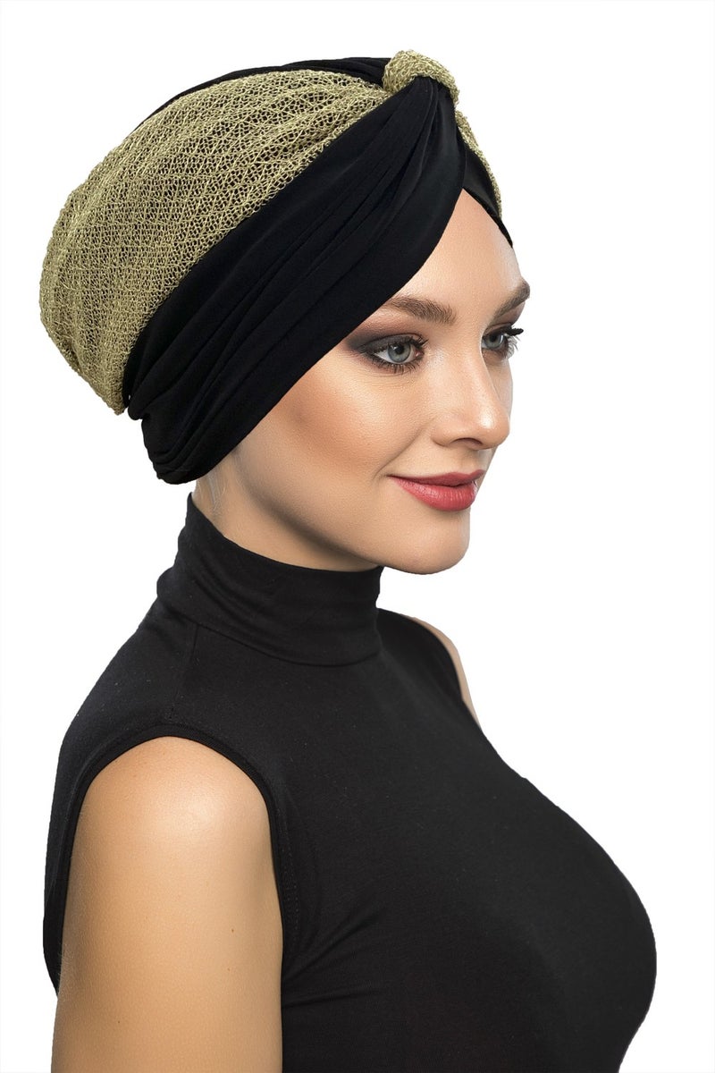 Fidan Bone Special Design Black Over Gold Armored Lined Ready-made Hijab Hijab Evening Dress Bonnet - Image 3
