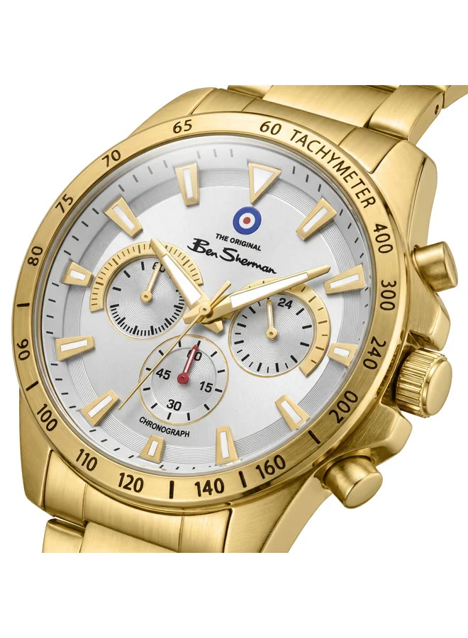 بين شيرمان Liverpool  White Dial Gold Stainless Steel Bracelet Chronograph Watch for Men, 44mm