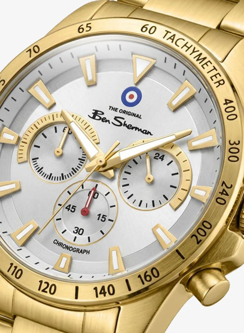Ben Sherman Liverpool  White Dial Gold Stainless Steel Bracelet Chronograph Watch for Men, 44mm