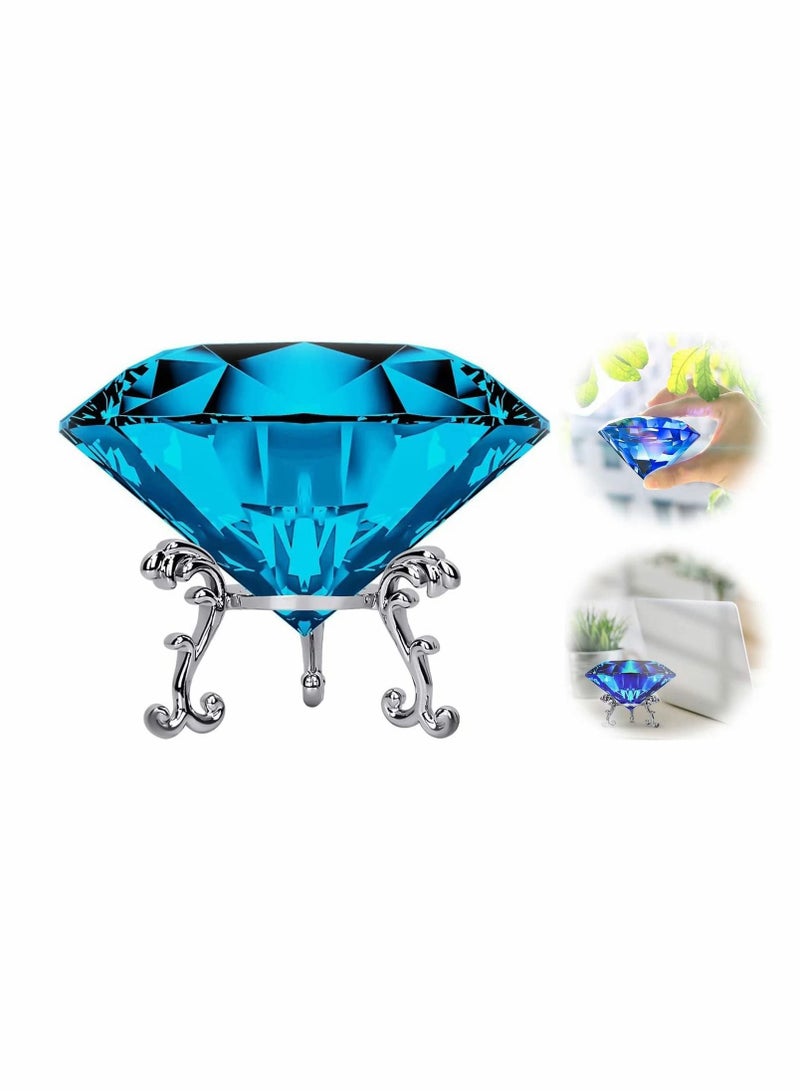 SYOSI Large Crystal Diamond Paperweight with Silvery Metal Stand, Jewels Wedding Decorations Centerpieces Home Table Decoration for Store, Home, Office, 3.15 Inch (Light Blue)  - Image 1