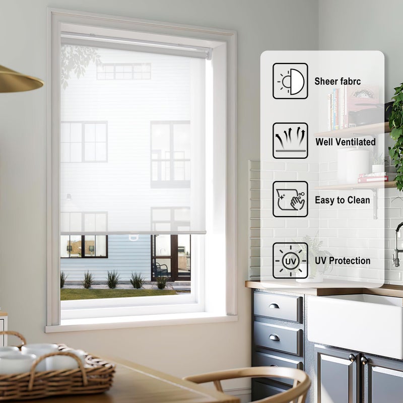 LazBlinds No Tools No Drill Cordless Roller Shades, Light Filtering Window Sheer Shades Transparent UV Protection Roll Up Blinds for Windows, 21'' W x 72'' H, White - Image 2