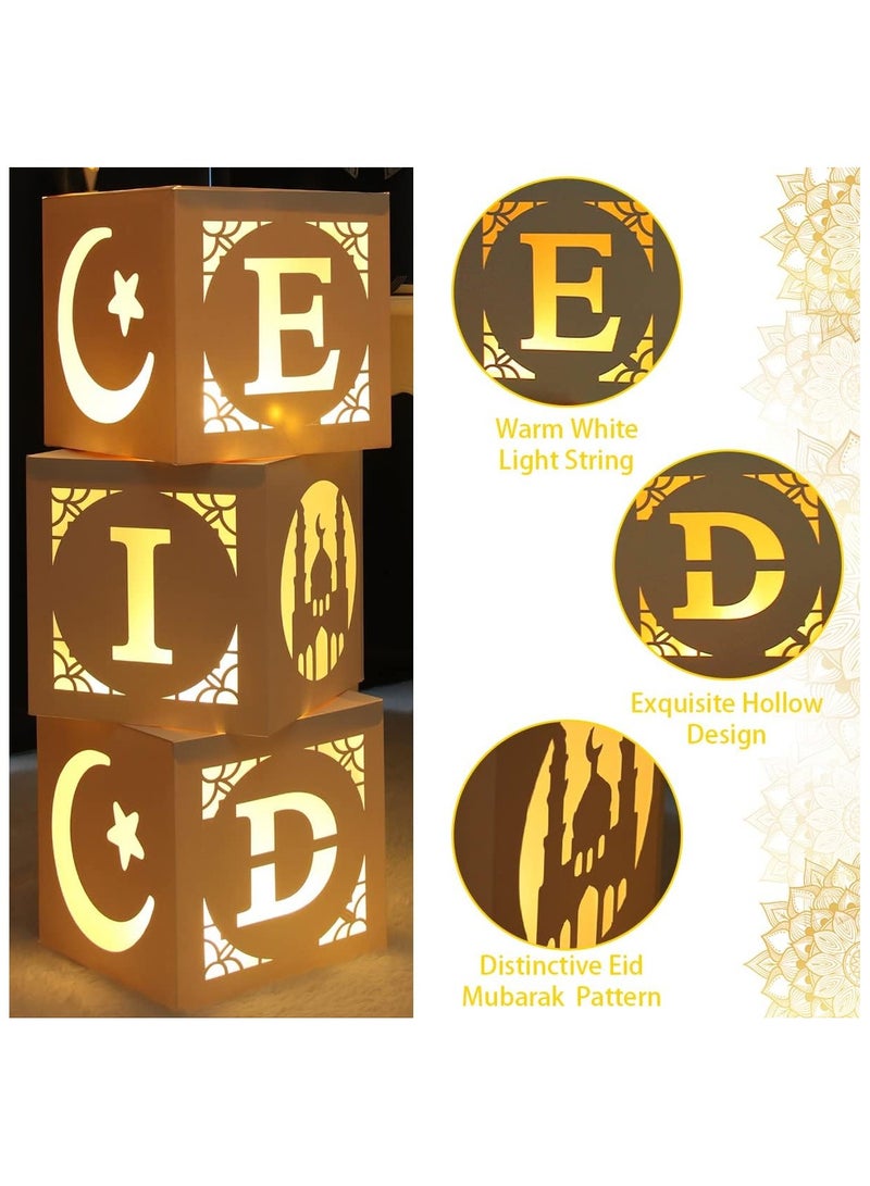 Jorunb Eid Mubarak Decorations- 3pcs Mubarak Eid Hollow Boxes with Lights,Eid Mubarak Decorations for Home,DIY Eid Mubarak Boxes for Ramadan Lights Decorations,Eid Decorations Party Decor - Image 2