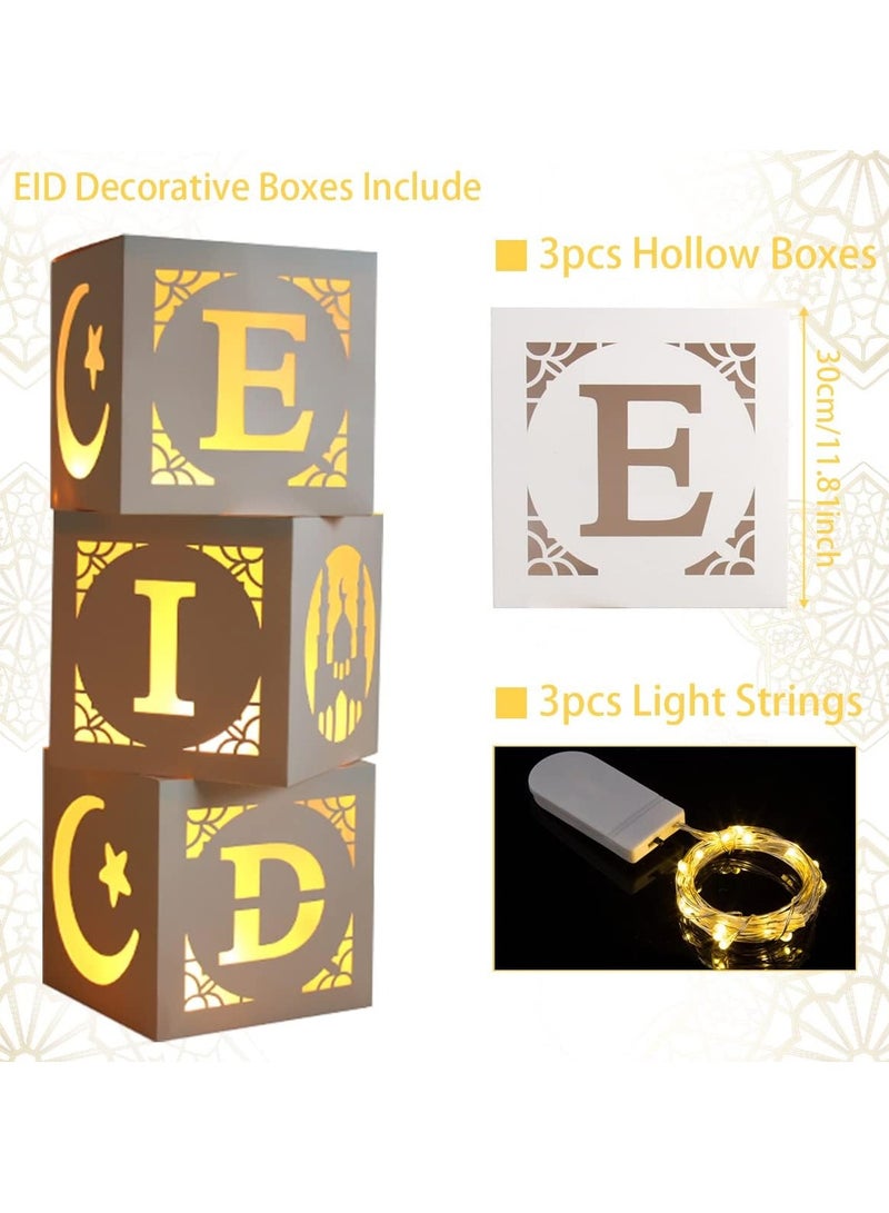 Jorunb Eid Mubarak Decorations- 3pcs Mubarak Eid Hollow Boxes with Lights,Eid Mubarak Decorations for Home,DIY Eid Mubarak Boxes for Ramadan Lights Decorations,Eid Decorations Party Decor - Image 3