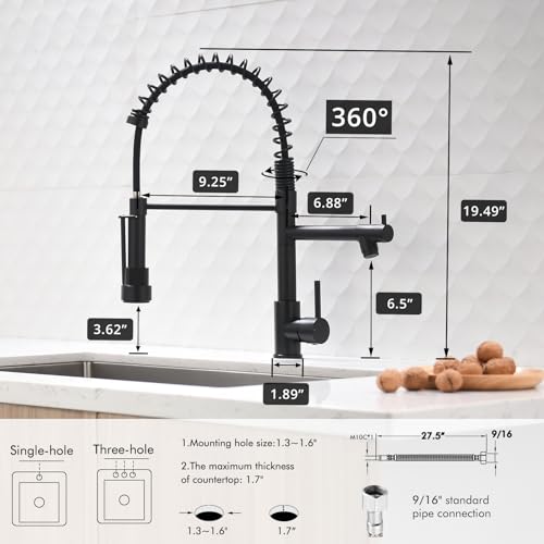 AIMADI Black Kitchen Faucet with 2 Function Sprayer,Commercial Stainless Steel Single Handle Single Hole Spring Matte Black Kitchen Faucet - Image 4