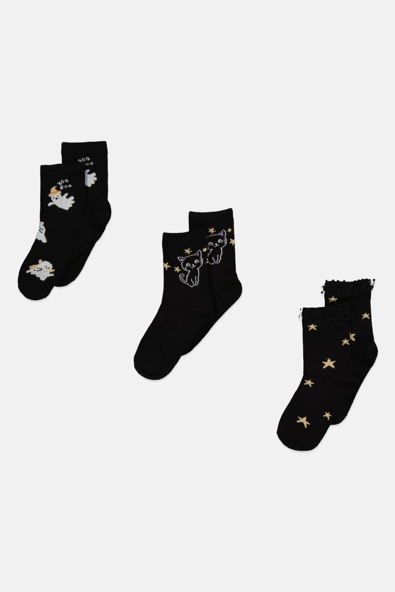 Cool Club Toddlers Girl 3 Pair Embroidered Ankle Socks, Black  - Image 1