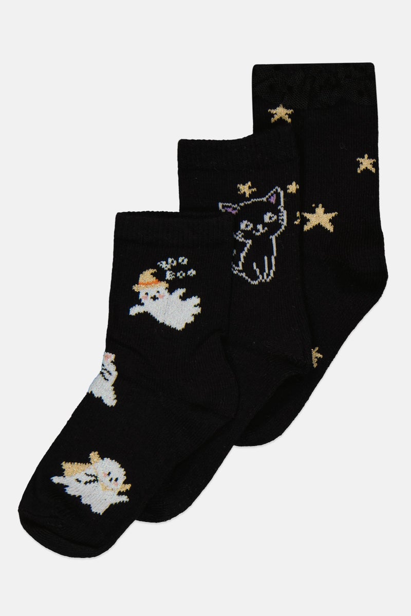 Cool Club Toddlers Girl 3 Pair Embroidered Ankle Socks, Black  - Image 2