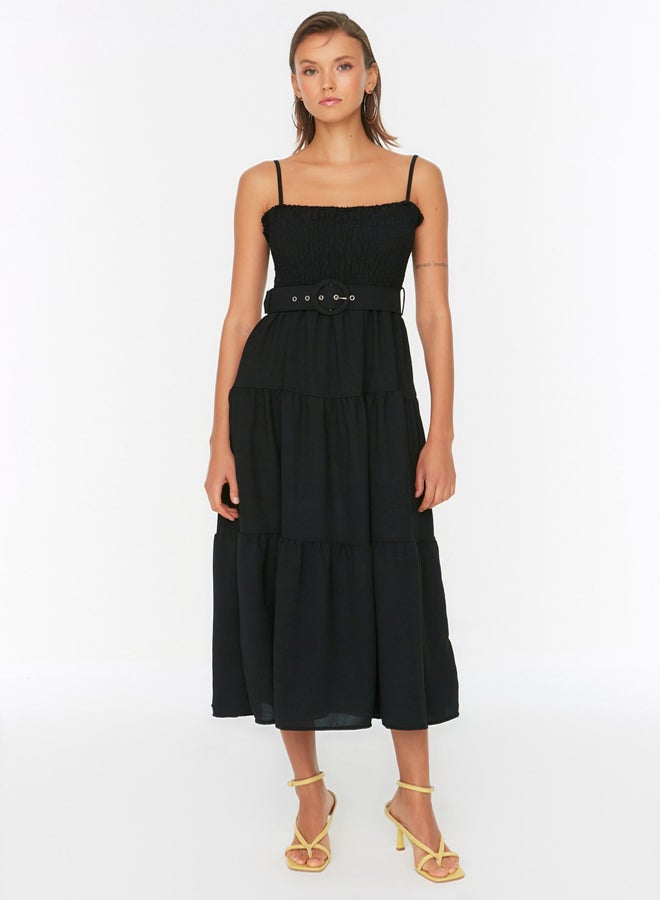 trendyol Black Belted Flounce Skater/Belt Opening Midi Woven Dress - Image 4