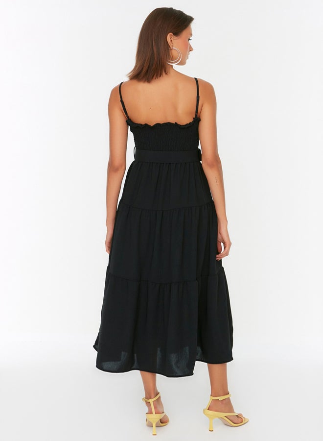 trendyol Black Belted Flounce Skater/Belt Opening Midi Woven Dress - Image 5