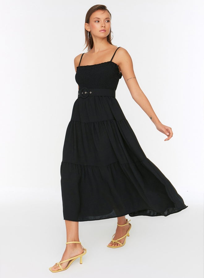 trendyol Black Belted Flounce Skater/Belt Opening Midi Woven Dress - Image 1