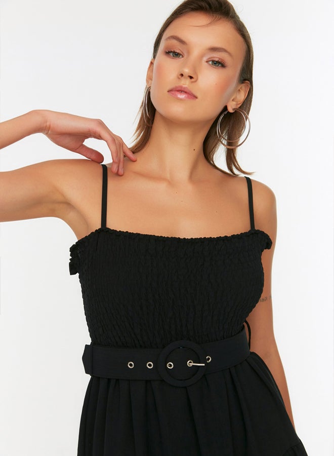 trendyol Black Belted Flounce Skater/Belt Opening Midi Woven Dress - Image 3