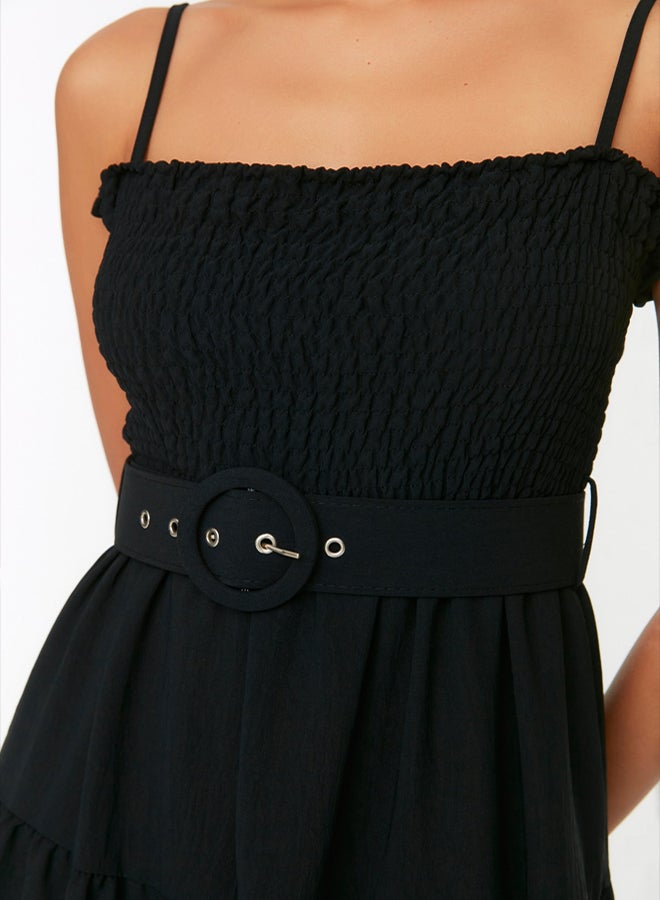 trendyol Black Belted Flounce Skater/Belt Opening Midi Woven Dress - Image 2