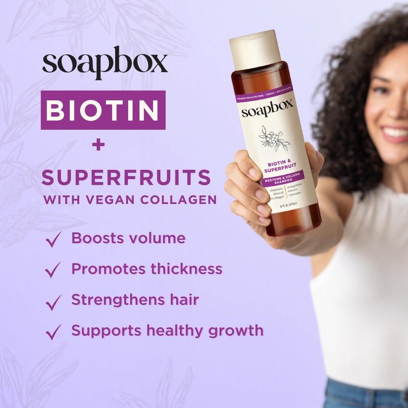 Soapbox Biotin Shampoo, Biotin & Collagen Super Fruit Shampoo for Thin, Fine, Thinning Hair | Volumizing & Repairing to Promote Hair Growth, Strength, Fullness, 1 Liter Pump Bottle - Image 3