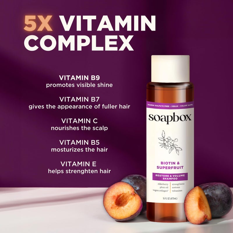 Soapbox Biotin Shampoo, Biotin & Collagen Super Fruit Shampoo for Thin, Fine, Thinning Hair | Volumizing & Repairing to Promote Hair Growth, Strength, Fullness, 1 Liter Pump Bottle - Image 5
