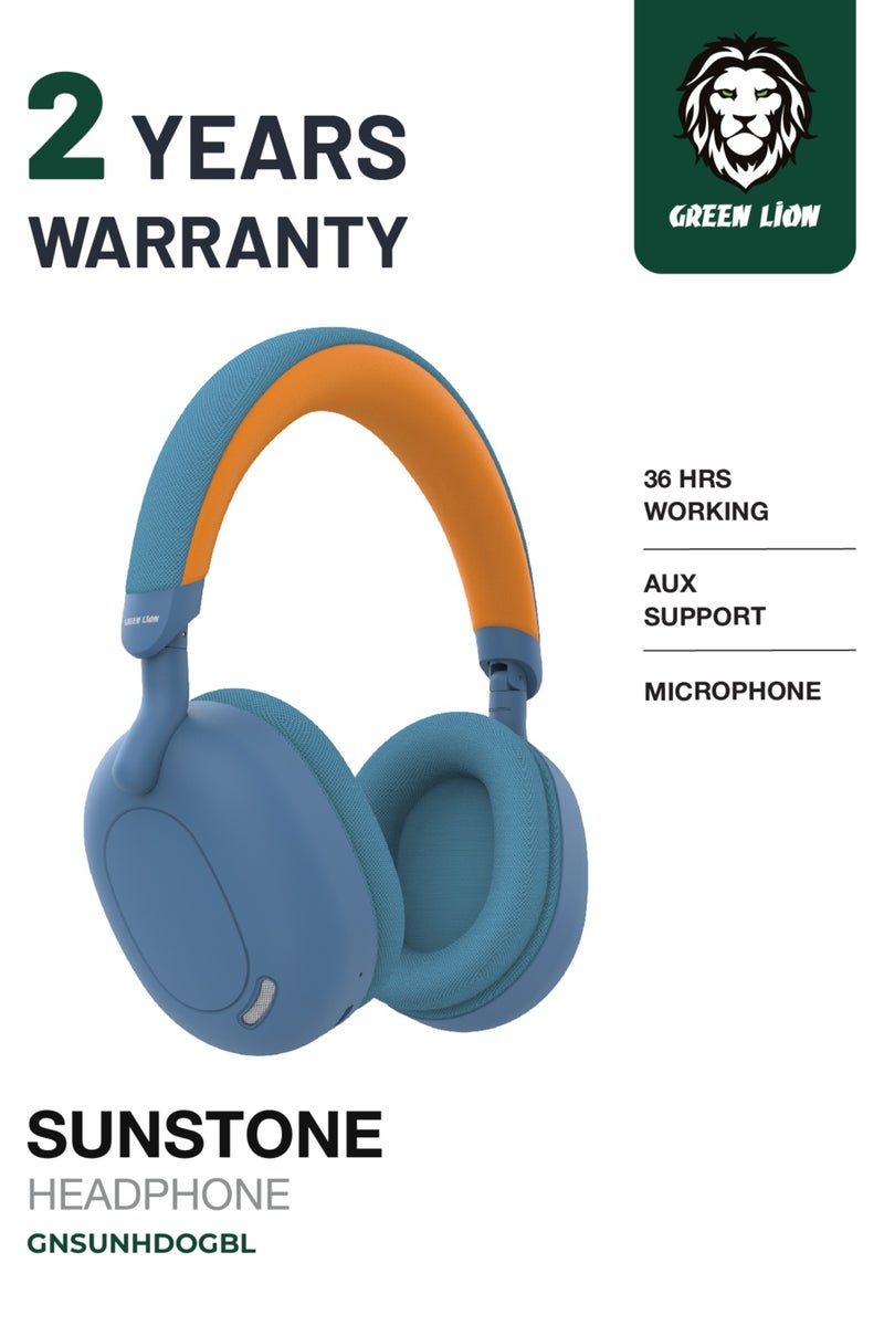 GREEN LION Sunstone Headphone / Long Hours Playing Time / Long-Range Working Distance / AUX Support / Microphone / V5.3 Bluetooth Version / 40mm Driver - Blue & Orange - Image 1