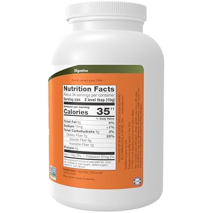 NOW Foods Supplements, Whole Psyllium Husks, Certified Organic, Non-GMO Project Verified, Soluble Fiber, 12-Ounce - Image 2