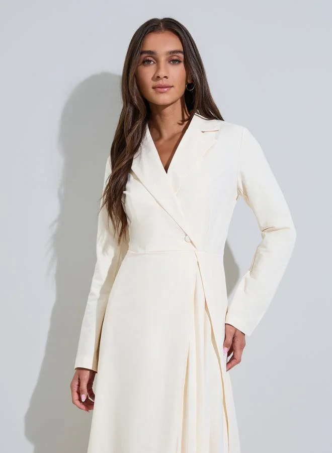 Styli Cream Solid Collared Blazer Maxi Dress with Pleated Details