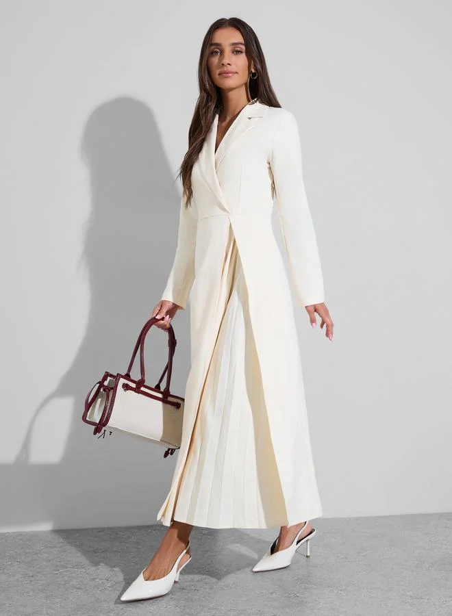 Styli Cream Solid Collared Blazer Maxi Dress with Pleated Details