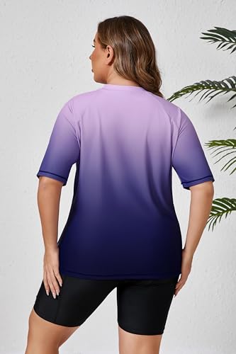 Halcurt Women Plus Size Rash Guard Swimwear Built in Bra Two Piece Swimsuit Shirt and Shorts Purple 2X - Image 3