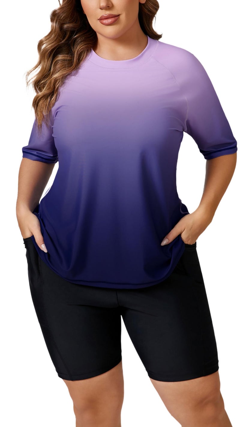 Halcurt Women Plus Size Rash Guard Swimwear Built in Bra Two Piece Swimsuit Shirt and Shorts Purple 2X - Image 2