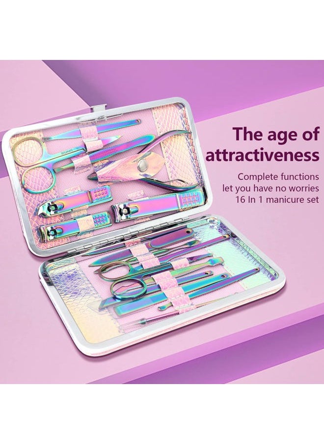 Onnea fashion - Manicure Set Professional Pedicure Tools 16 in 1 Nail Clipers Care Kit Stainless Steel Laser Design Cuticle Nippers Mini Emergency Kit for Women with Mermaid Pearl Shinning PU leather Case - Image 1