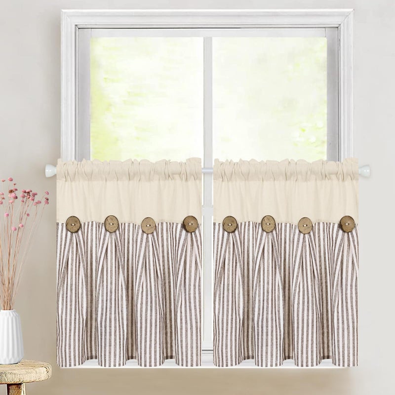 Cotton Linen Farmhouse Kitchen Boho Rustic Button Tier Curtains 24 Inch Natural Brown Stripe Color Block Curtain Rod Pocket Small Window Cafe Bathroom Bedroom Drapes