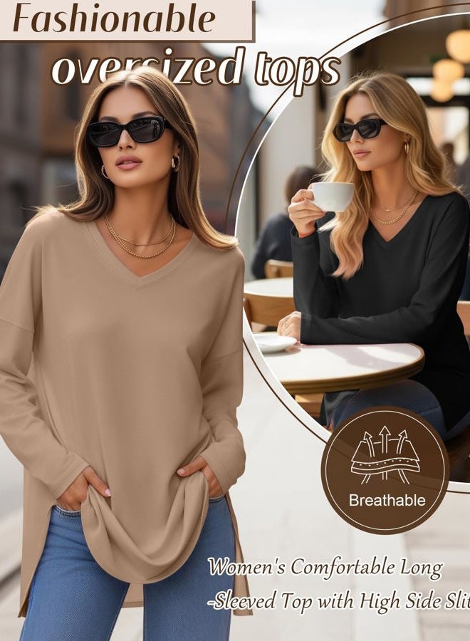 Huukeay 3 عبوات من تي شيرتات نسائية بأكمام طويلة فضفاضة، تصميم على شكل V، قمصان كاجوال للتمارين الرياضية، قمصان طويلة مع شق جانبي، تي شيرتات أساسية فضفاضة، أسود، أخضر عسكري، بني، M - Image 2