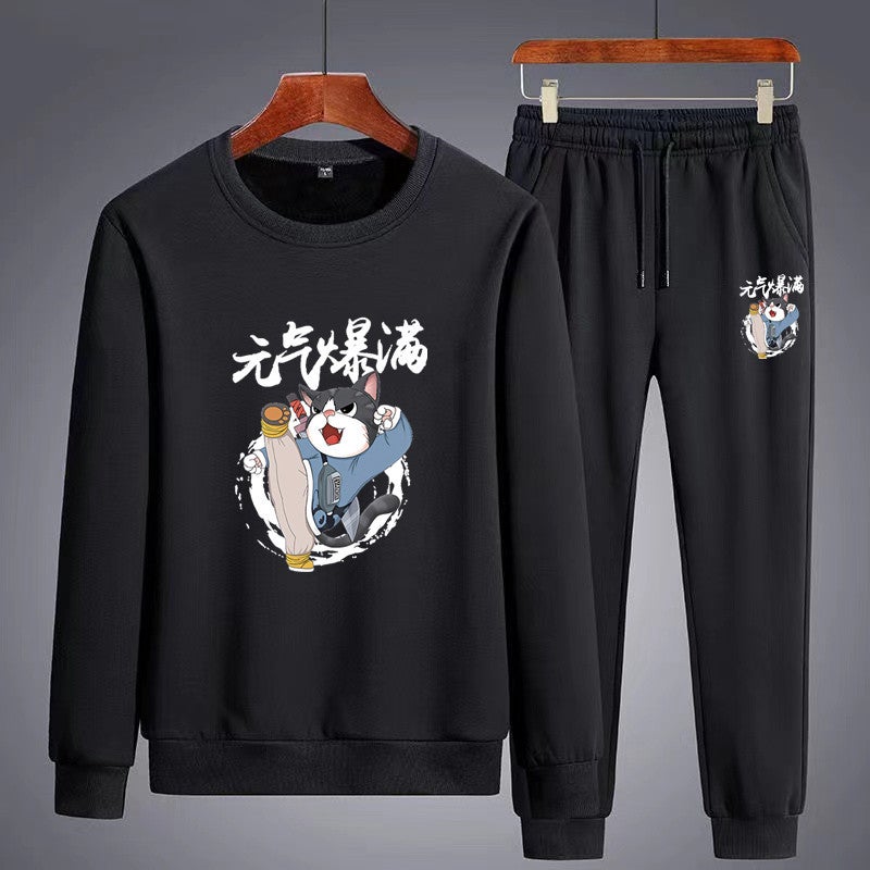 Mens Casual Sports Suit 2023 Autumn Long Sleeve Round Neck Sweatshirt Set Vit Cat suit