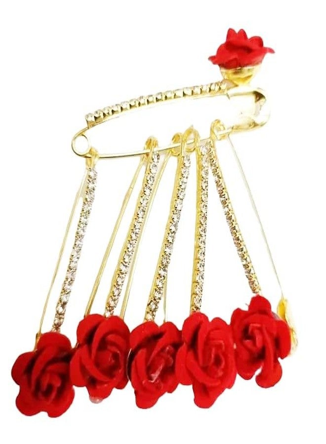 Evrysdi Metal Artificial Diamond Rose Safety Pins Traditional Indian Sari Pins for Women and Girls Saree Brooch Pack of 6 - Image 1