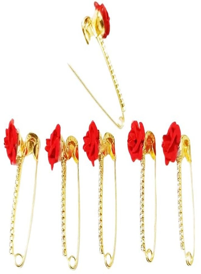 Evrysdi Metal Artificial Diamond Rose Safety Pins Traditional Indian Sari Pins for Women and Girls Saree Brooch Pack of 6 - Image 2
