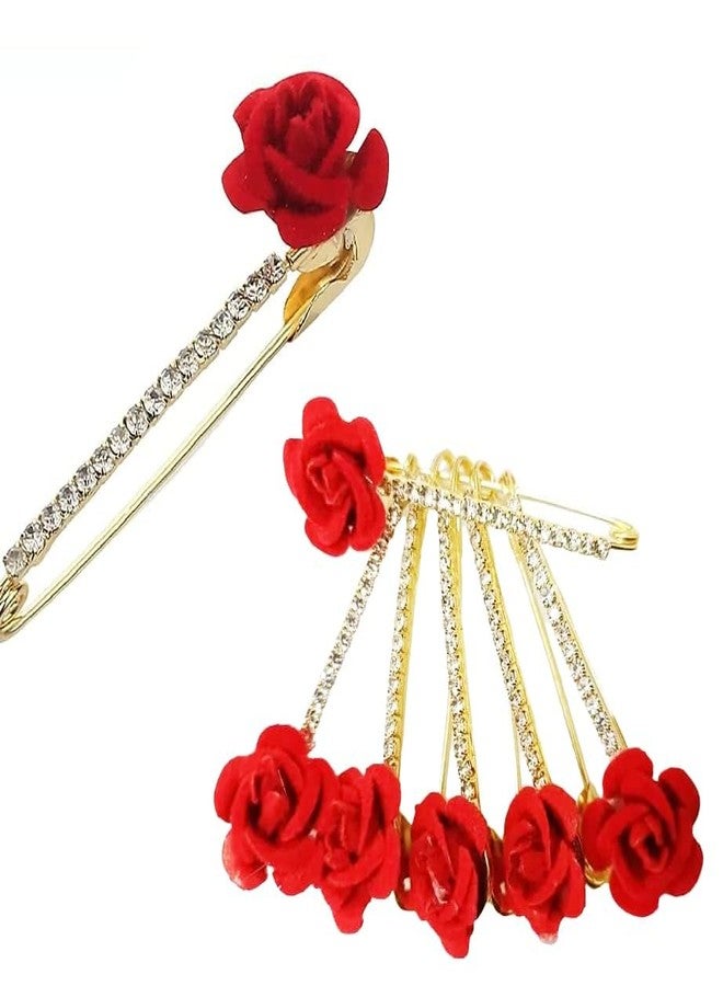 Evrysdi Metal Artificial Diamond Rose Safety Pins Traditional Indian Sari Pins for Women and Girls Saree Brooch Pack of 6 - Image 5