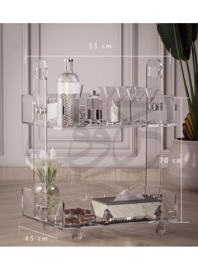 Horoof Market Horoof Home® Compact 2-Tier Acrylic Handy Trolley with Transparent Wheels – Modern Small Serving Cart, 55x45x70 cm, TR014  - Image 2