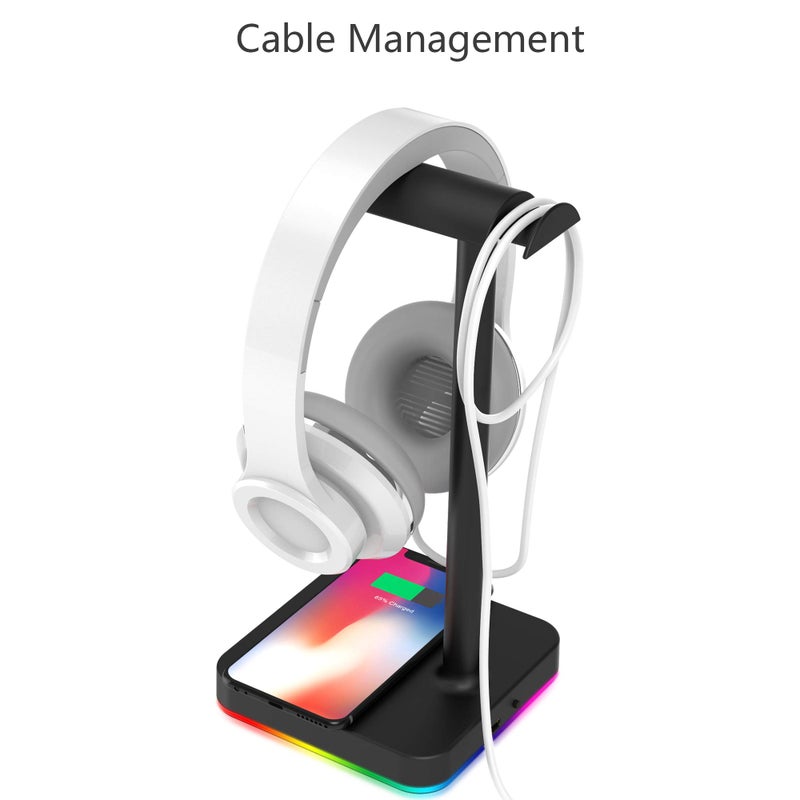 KAFRI RGB Headphone Stand with Wireless Charger Desk Gaming Headset Holder Hanger Rack with 10W/7.5W Fast Charge QI Wireless Charging Pad - Suitable for Gamer Desktop Table Game Earphone Accessories - Image 4