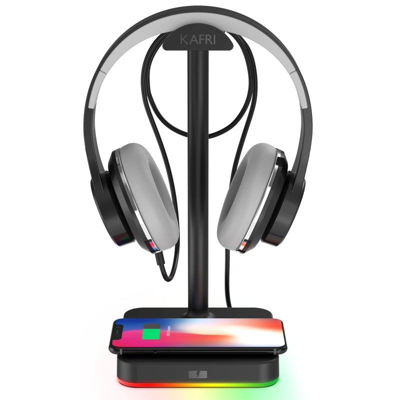 KAFRI RGB Headphone Stand with Wireless Charger Desk Gaming Headset Holder Hanger Rack with 10W/7.5W Fast Charge QI Wireless Charging Pad - Suitable for Gamer Desktop Table Game Earphone Accessories - Image 1