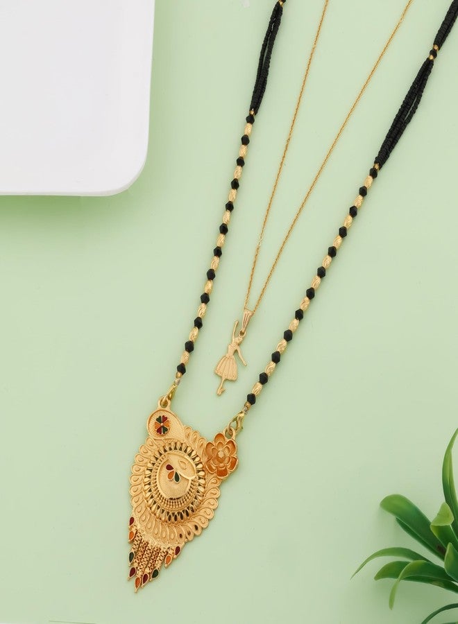 MALKYN Women's Gold Plated Peacock Motif Mangalsutra with Enamel Work and Ballerina Pendant Layered Necklace Set, Traditional Black Beaded Indian Wedding Jewelry-MD-123 - Image 2