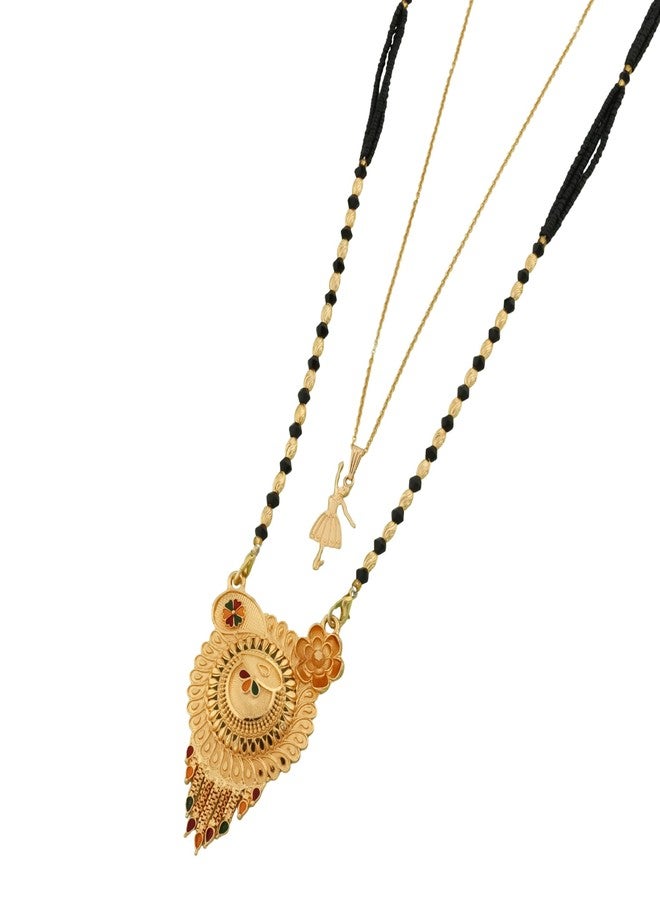 MALKYN Women's Gold Plated Peacock Motif Mangalsutra with Enamel Work and Ballerina Pendant Layered Necklace Set, Traditional Black Beaded Indian Wedding Jewelry-MD-123 - Image 1