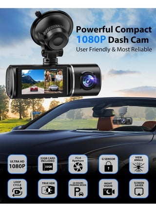 3 قنوات لكاميرا أمامية وداخلية بدقة 1080P، كاميرا أمامية وداخلية بدقة 1080P، كاميرا ثلاثية مزودة بمجموعة أسلاك صلبة، كاميرا أمامية مزودة ببطاقة 64 جيجابايت، HDR، مستشعر G، وقوف السيارات على مدار 24 ساعة، تسجيل حلقة كاميرا أمامية وخلفية - view 2