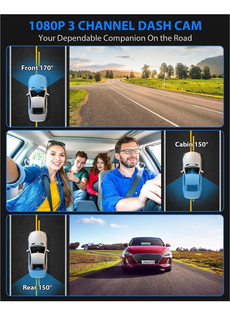 LAESO 3 Channel Dash Cam , 1080P Dash Cam Front and Inside, Triple Dash Cam with Hardwire kit, Dash Camera with 64GB Card, HDR, G-Sensor, 24Hr Parking, Front Rear Dash Cam Loop Recording  - Image 3