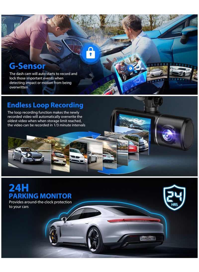 LAESO - 3 Channel Dash Cam , 1080P Dash Cam Front and Inside, Triple Dash Cam with Hardwire kit, Dash Camera with 64GB Card, HDR, G-Sensor, 24Hr Parking, Front Rear Dash Cam Loop Recording - Image 1