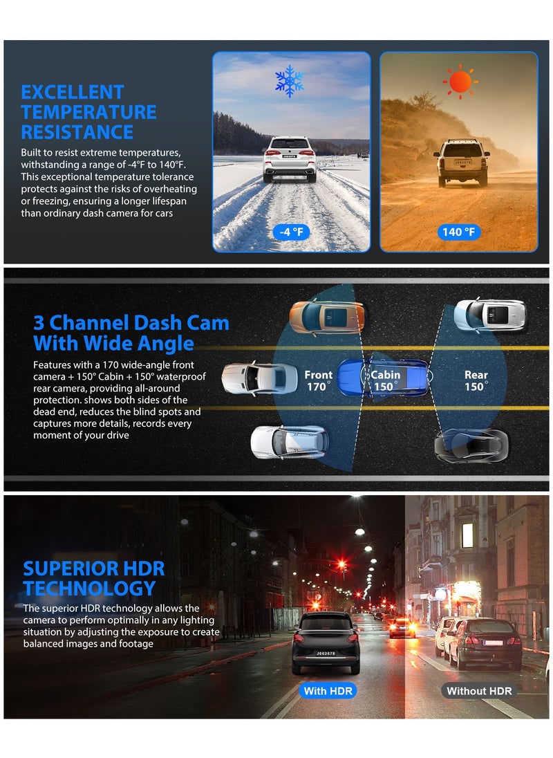 LAESO - 3 Channel Dash Cam , 1080P Dash Cam Front and Inside, Triple Dash Cam with Hardwire kit, Dash Camera with 64GB Card, HDR, G-Sensor, 24Hr Parking, Front Rear Dash Cam Loop Recording - Image 1