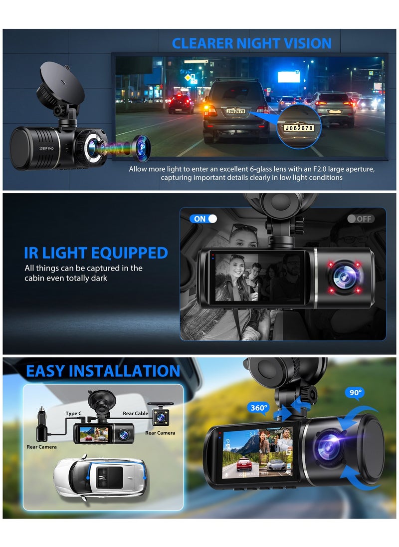 LAESO - 3 Channel Dash Cam , 1080P Dash Cam Front and Inside, Triple Dash Cam with Hardwire kit, Dash Camera with 64GB Card, HDR, G-Sensor, 24Hr Parking, Front Rear Dash Cam Loop Recording - Image 1